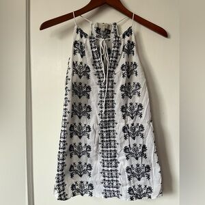 Ann Taylor Loft White Cotton Tank with Navy Embroidery